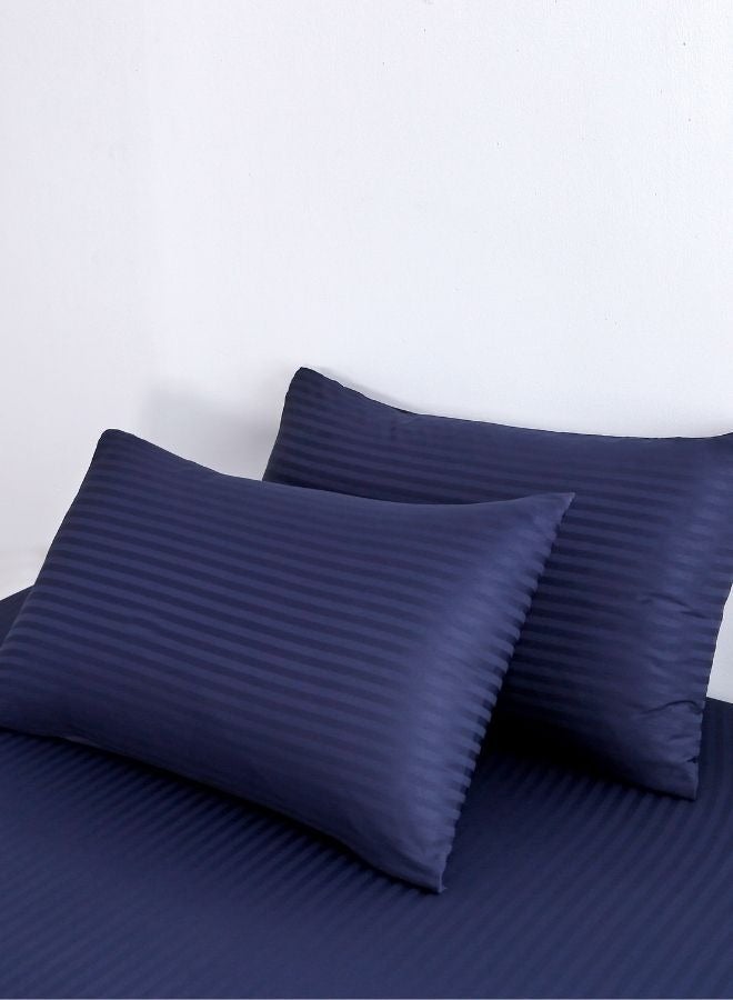 LUNA Home Satin Stripped King Size 6 Pieces (1 Duvet cover - 220*240cm. 1 Elastic Fitted sheet (On corners Only elastic) - 200*200cm+30cm. 4 Pillow cases - 50*75cm.). Soft Bedding Set without filling, Solid Dark Blue Color. - Image 3